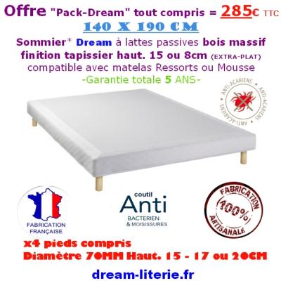 Sommier tapissier 140x190 Pack-Dream 15 cm + 4 pieds